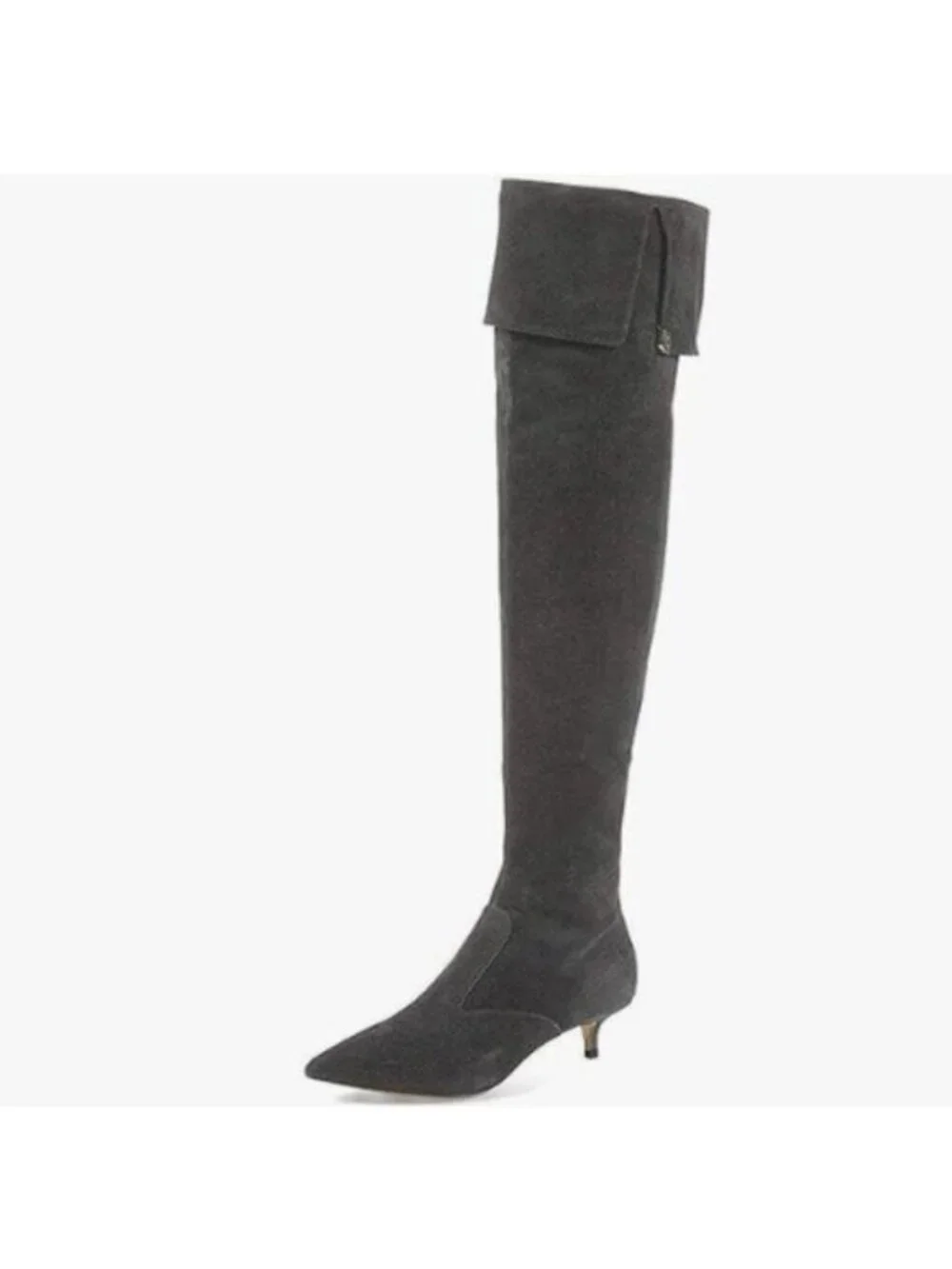 YDN Women Pointed Toe Over The Knee High Stilettos Kitten Mid Heel Grey Suede